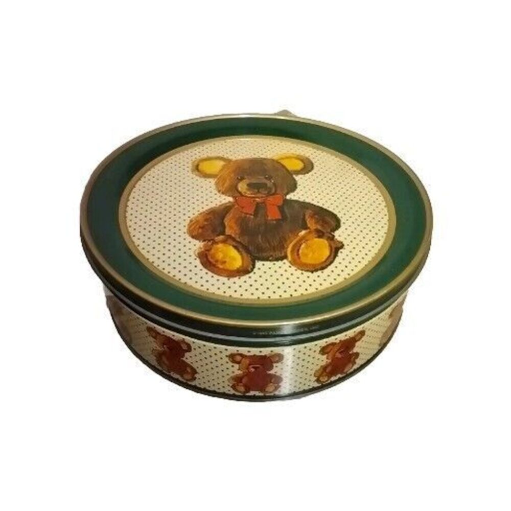 Teddy Bear Litho Tin Can Green Dotted Storage Container Red Bow Tie 1985 Parco